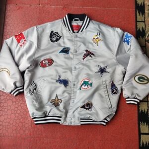 VTG Reebok Football Satin Bomber Coat Mens L Patches NFL All Over Teams Gray